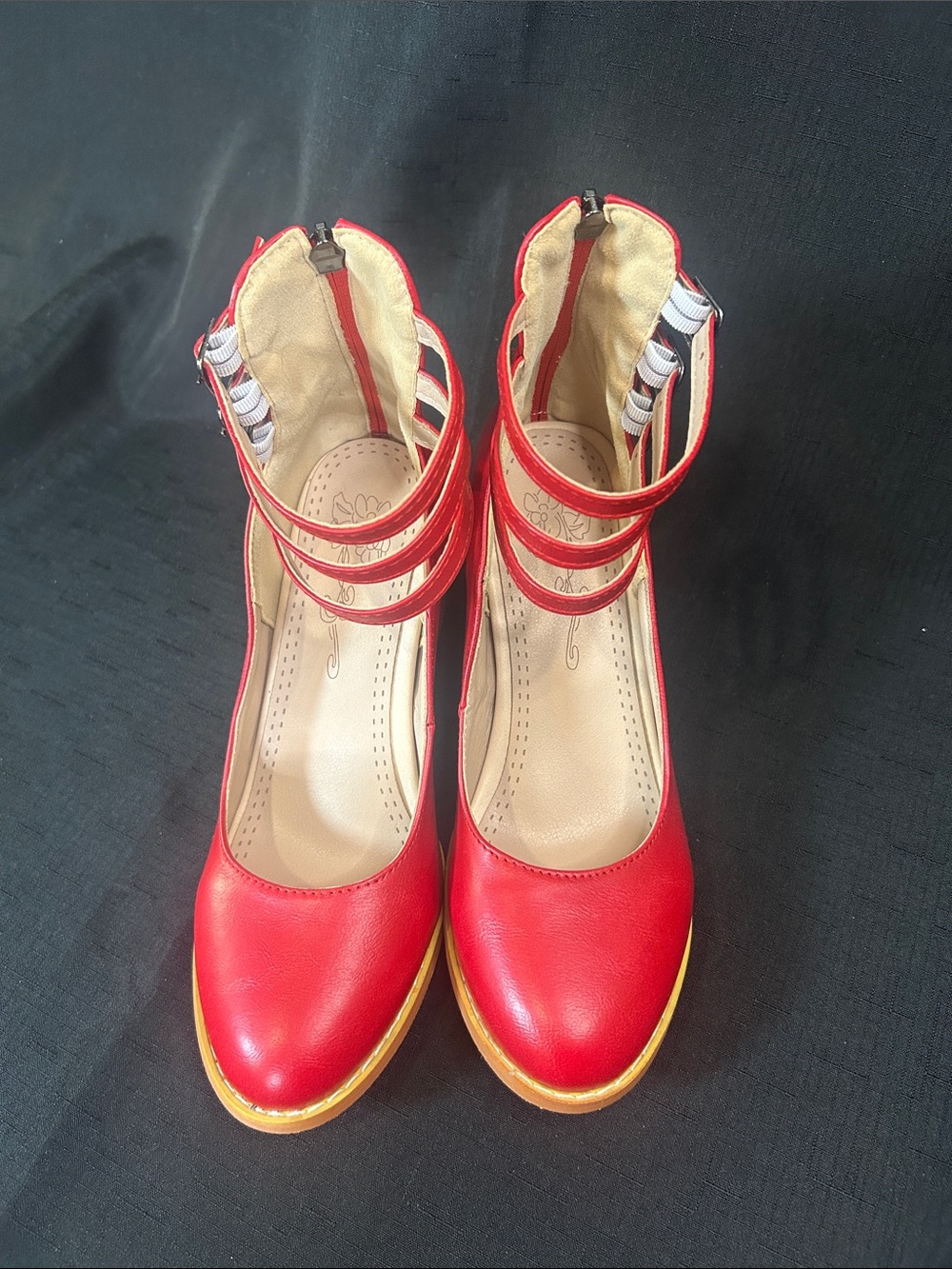 Red Double-Strap Platform Heels with Contrasting Tan Sole